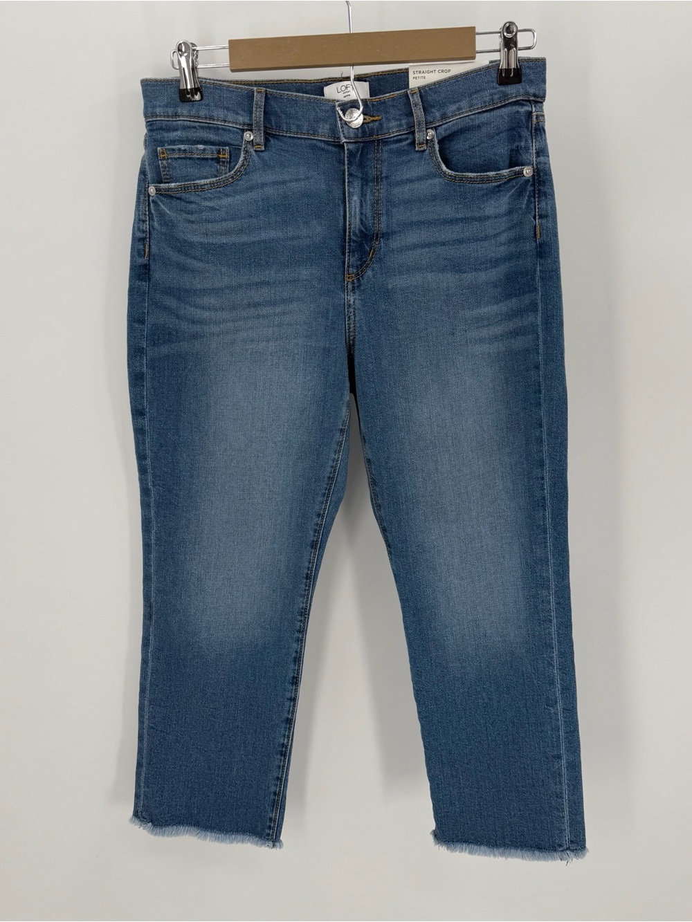 Loft Outlet Jeans Women’s 6 Petite Blue Denim Mid Rise Straight Crop Raw Hem NWT